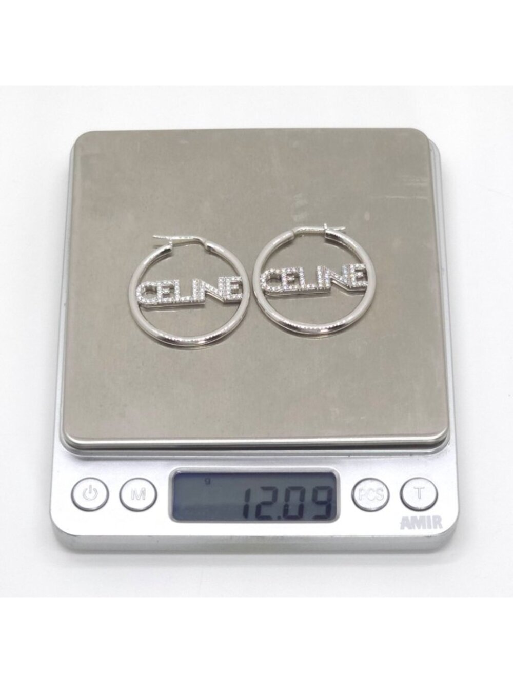 Celine Monochrome Strass Hoop Earrings Logo Crystal Rhodium Finish Brass Box - Picture 8 of 10